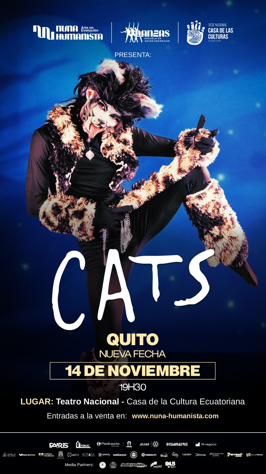 La Escuela Danzas Artes Escénicas de Ambato y Nuna Humanista presenta el fenómeno mundial que ha cautivado audiencias Quito, Ecuador – La Casa de la Cultura Ecuatoriana se prepara para recibir una de las producciones teatrales más esperadas del año: CATS, El Musical, el legendario espectáculo de Andrew Lloyd Webber que revolucionó Broadway y el teatro mundial. Esta excepcional puesta en escena estará a cargo de la prestigiosa Escuela de Danzas y Artes Escénicas de Ambato, institución con más de 25 años de experiencia formando artistas de excelencia en el Ecuador. UN FENÓMENO MUNDIAL EN SUELO ECUATORIANO CATS ha alcanzado un éxito comercial sin precedentes, consolidándose como una de las obras de teatro más famosas de la historia reciente y a menudo se le atribuye el mérito de ser el primer mega musical del mundo. Inspirado en los entrañables poemas de T.S. Eliot recopilados en "El Libro de los Gatos Habilidosos del Viejo Possum", esta obra ha cautivado a las audiencias con su enigmático y mágico mundo felino. TALENTO NACIONAL DE EXCELENCIA Bajo la dirección artística de Alexandra Jaramillo Dávalos, Gestora cultural con 27 años de experiencia, dedicada al desarrollo de actividades artísticas en Tungurahua, comprometida con hacer visible el talento nacional, ha sido una incansable impulsora del desarrollo de las artes escénicas en el Ecuador, trabajando constantemente por brindar espacios y oportunidades al talento local. NUNA HUMANISTA: GESTIÓN CULTURAL DE VANGUARDIA Esta producción cuenta con el respaldo de Nuna Humanista, organización cultural sin fines de lucro con sede en Ambato, dedicada a impulsar el desarrollo artístico y cultural en la región. A través de programas de formación artística Nuna Humanista promueve el talento local y genera espacios de creación, encuentro y aprendizaje. Con una trayectoria consolidada en Tungurahua, ha llevado adelante espectáculos, talleres y actividades abiertas al público, se ha posicionado como un referente en la gestión cultural del centro del país. UN ESPECTÁCULO PARA TODA LA FAMILIA CATS promete ser una experiencia teatral inolvidable para toda la familia, combinando innovadora coreografía, deslumbrantes vestuarios y melodías inolvidables. Esta producción representa una oportunidad única para que el público ecuatoriano disfrute de uno de los musicales más aclamados de todos los tiempos. La puesta en escena transportará a los espectadores al mágico mundo felino, donde cada personaje cuenta su historia a través de la danza, el canto y la actuación, creando una experiencia teatral que ha emocionado a millones de personas alrededor del mundo. INFORMACIÓN PARA EL PÚBLICO Lugar: Casa de la Cultura Ecuatoriana, Quito Función: 14 noviembre de 2025 Reservas e información: • Sitio web: nuna-humanista.com https://nuna-humanista.com/event/cats-quito/